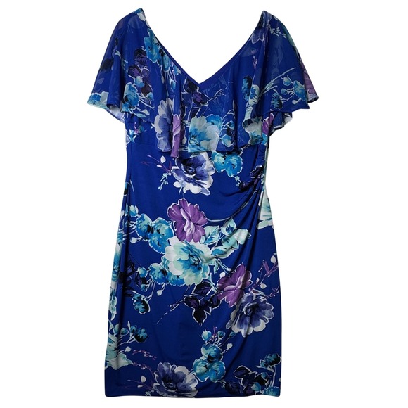 Floral Flutter Sleeve Bodycon Ruched‎ Dress Womens Size 12 Blue Purple Stretch - Picture 1 of 8